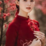 Stock áo dài đỏ vườn đào Nhật Tân